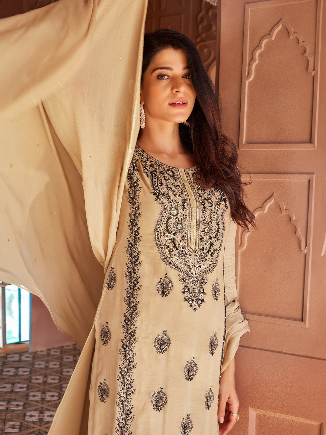 Beige Jacquard Silk Suit Set