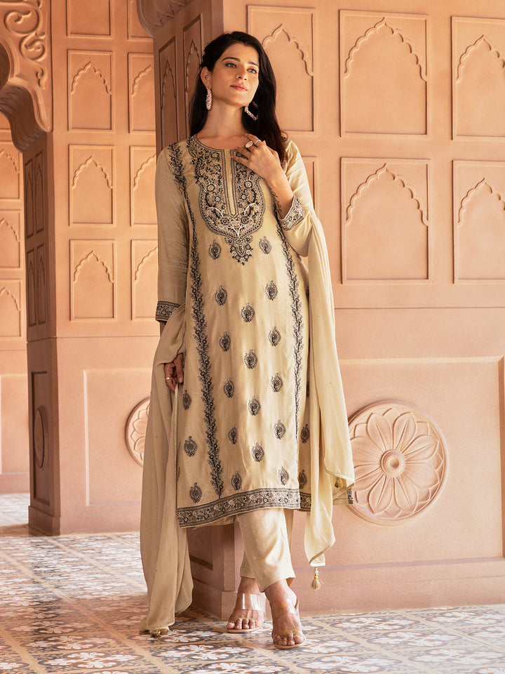 Beige Jacquard Silk Suit Set