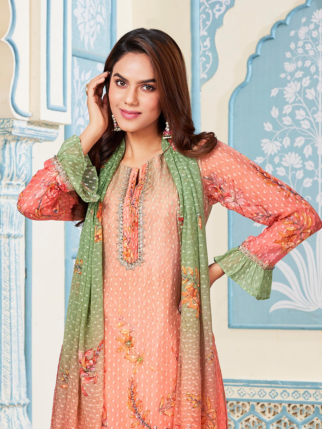 Peach Jacquard Floral Sharara Set