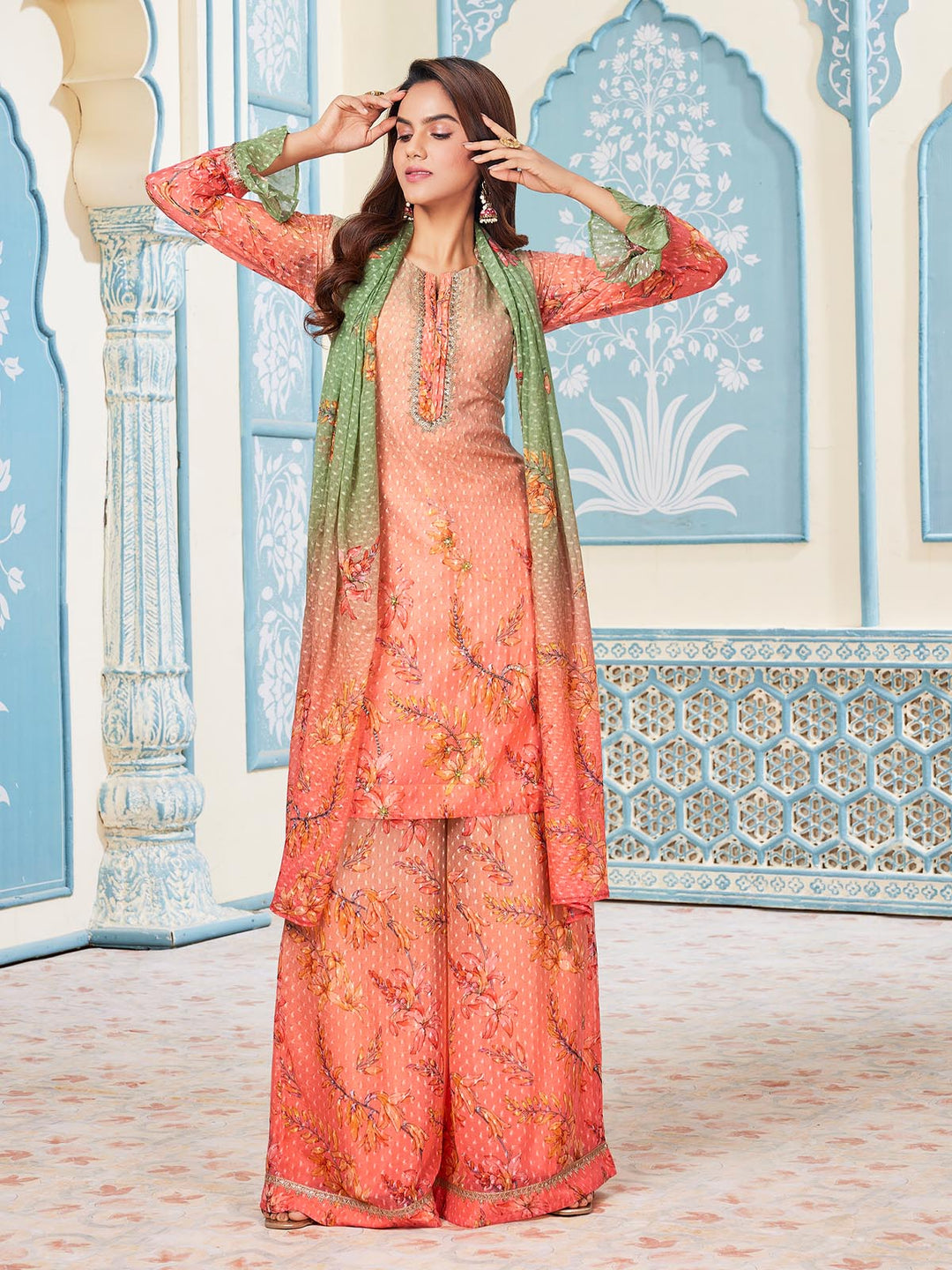 Peach Jacquard Floral Sharara Set