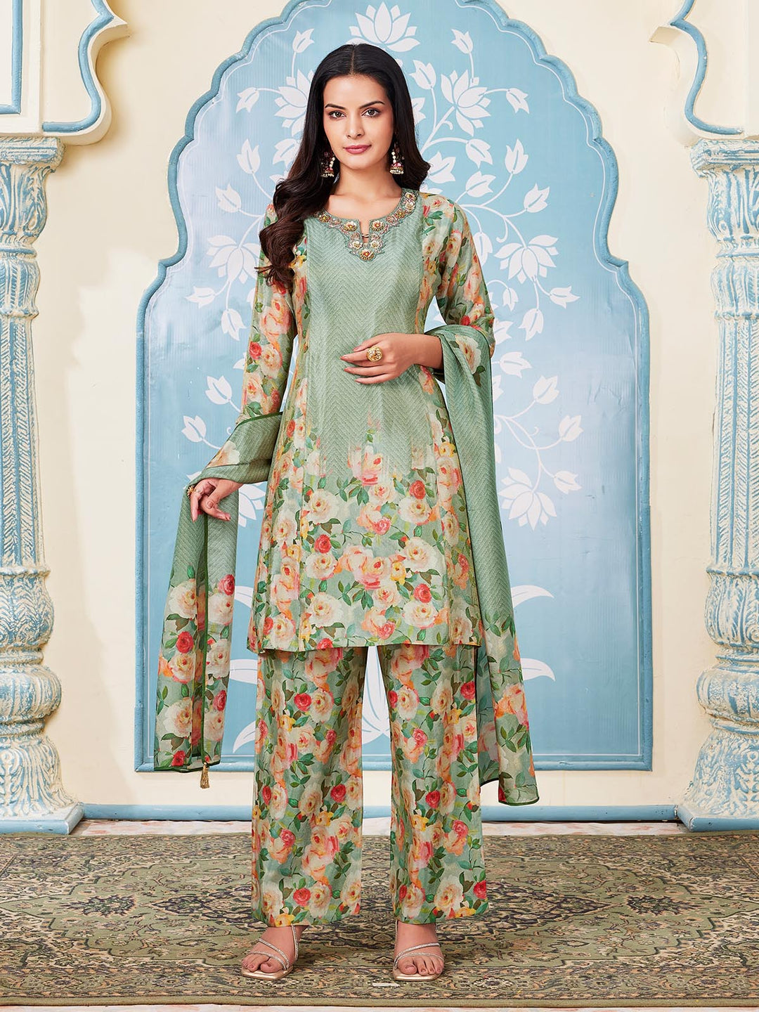 Mint Green Floral Kalidar Suit Set