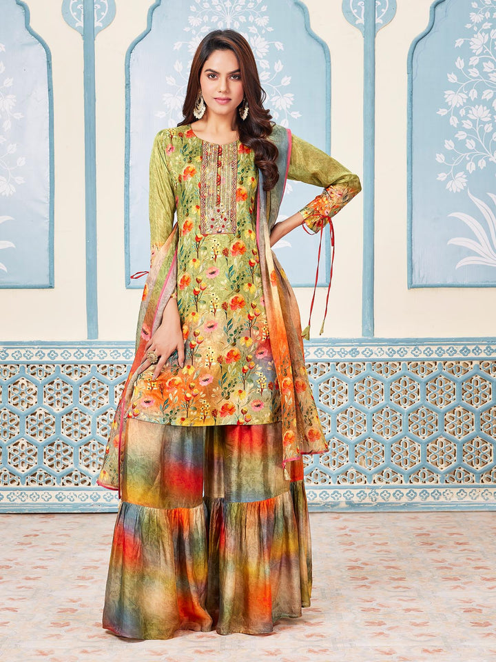 Green Floral Print Gharara Set