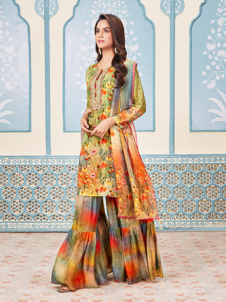 Green Floral Print Gharara Set