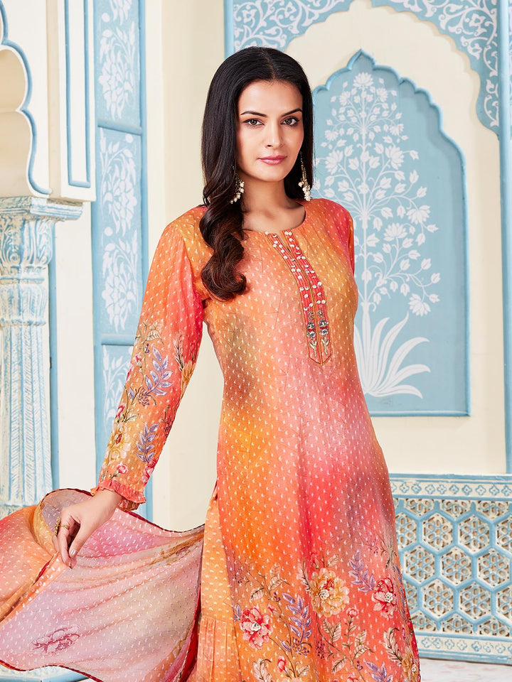 Orange Jacquard Placement Print Gharara Set