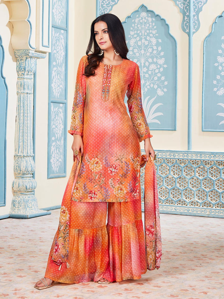 Orange Jacquard Placement Print Gharara Set