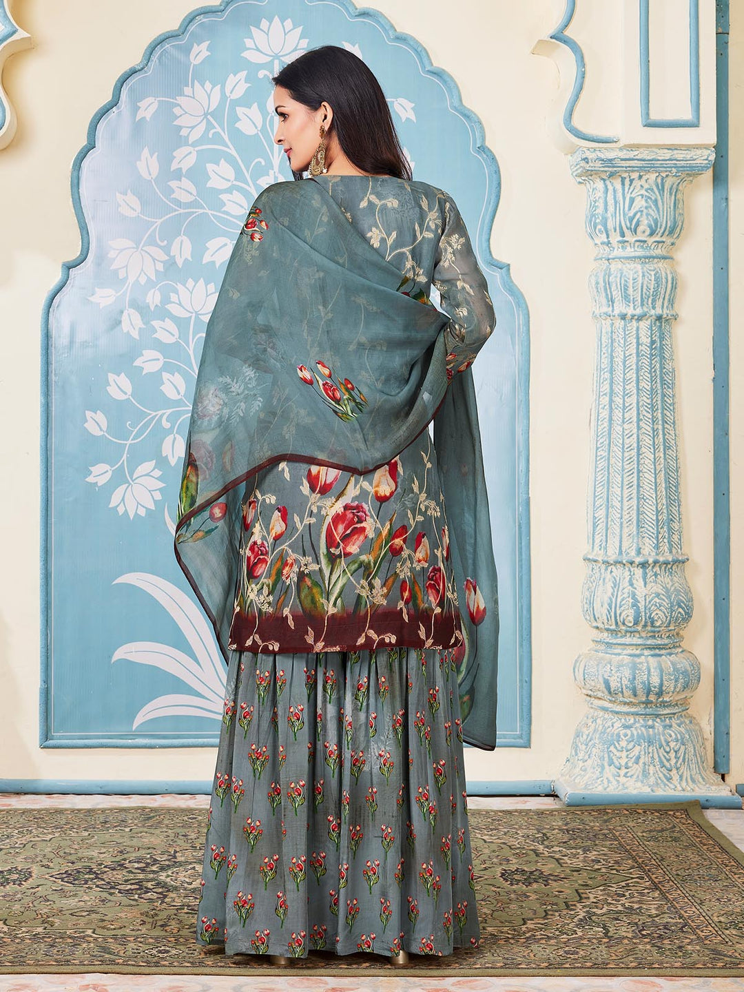 Grey Jacquard & Floral Print Gharara Set