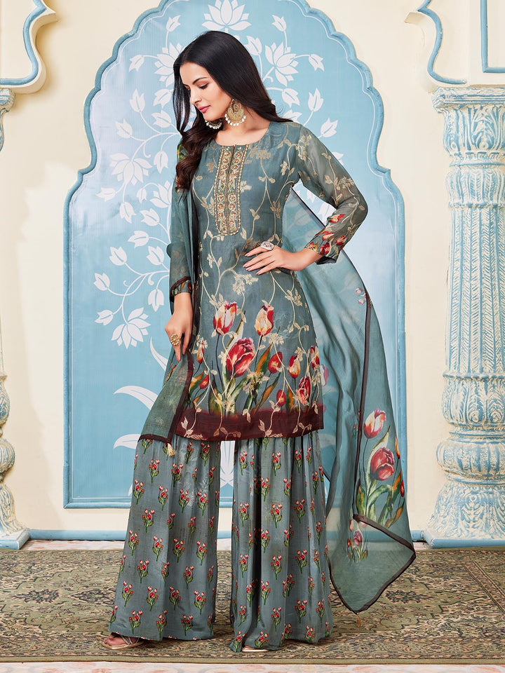 Grey Jacquard & Floral Print Gharara Set