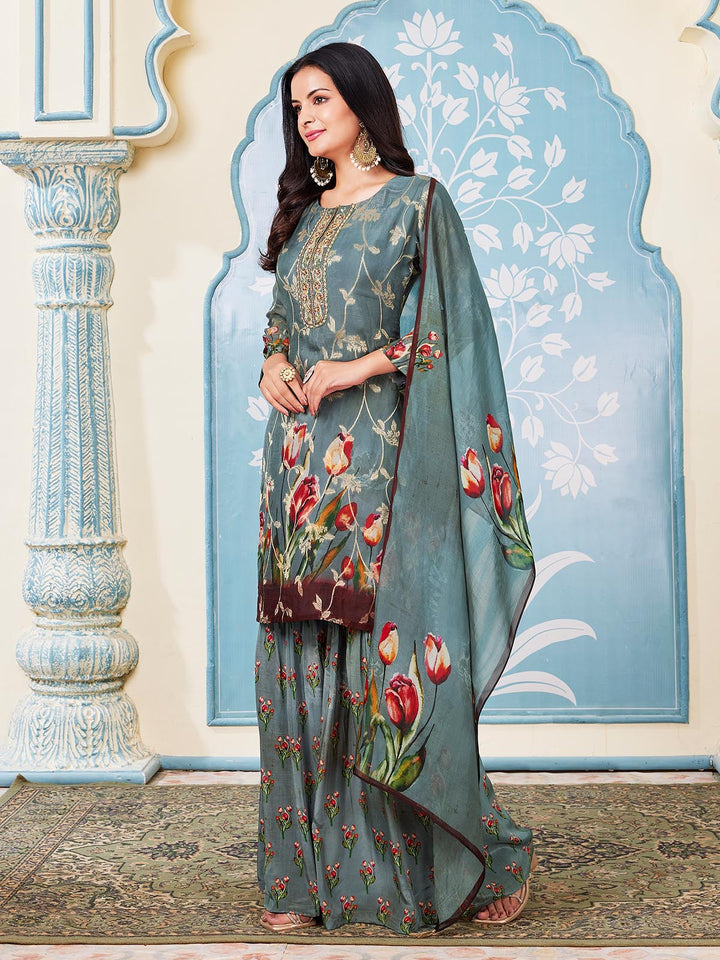 Grey Jacquard & Floral Print Gharara Set