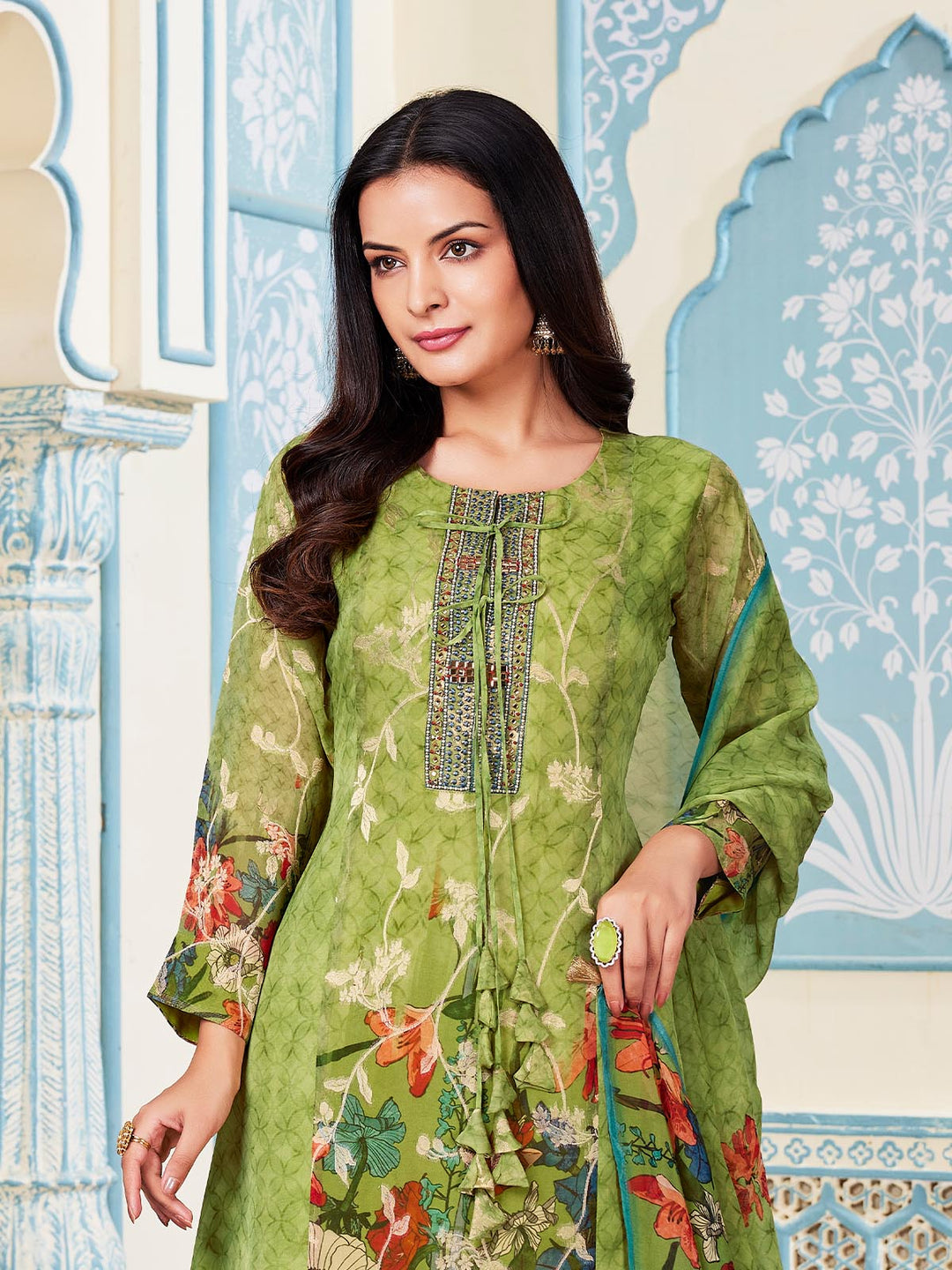 Green Floral Kalidar Suit Set