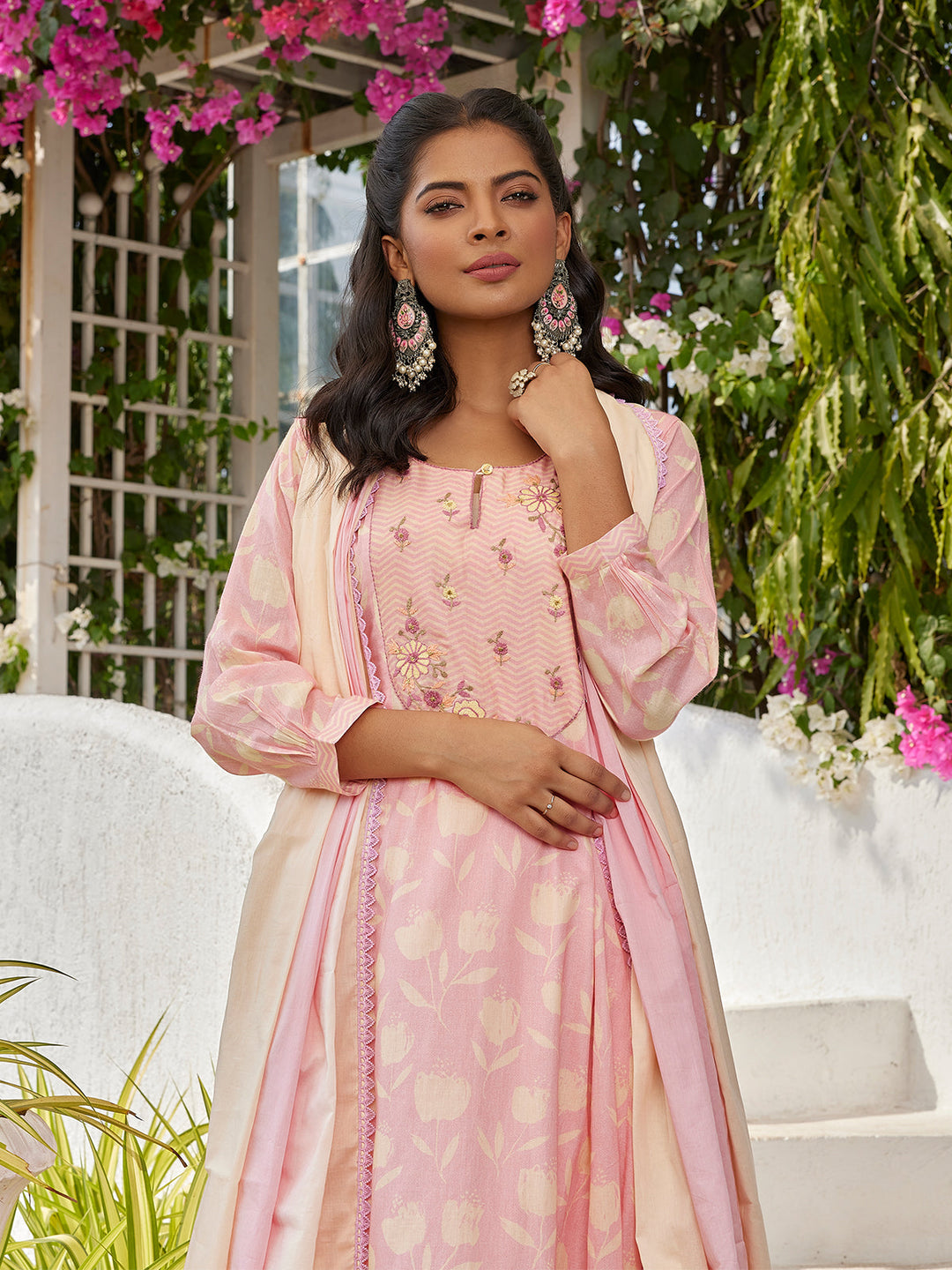 Peach Floral Cotton Anarkali Set with Dupatta