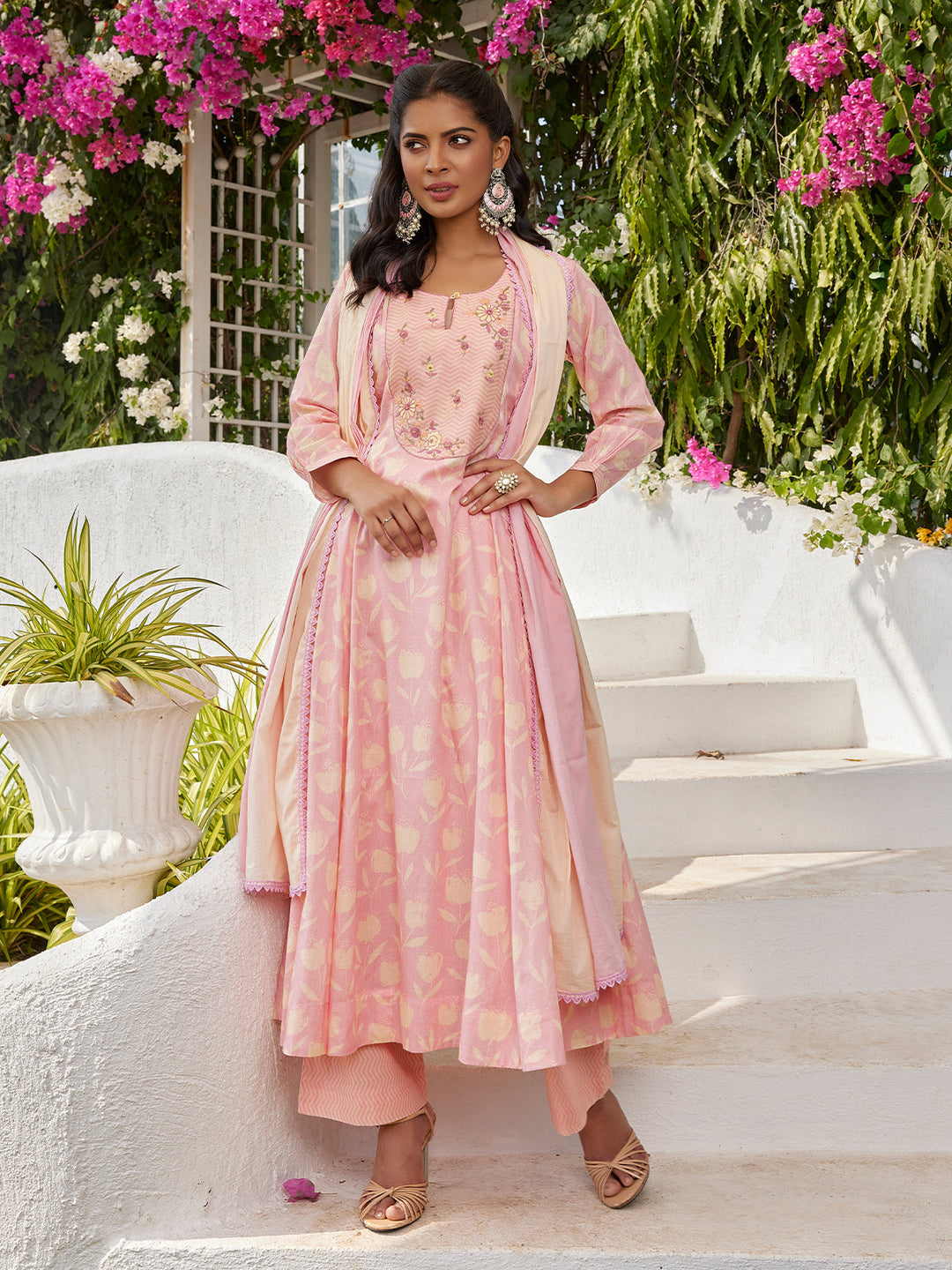 Peach Floral Cotton Anarkali Set with Dupatta