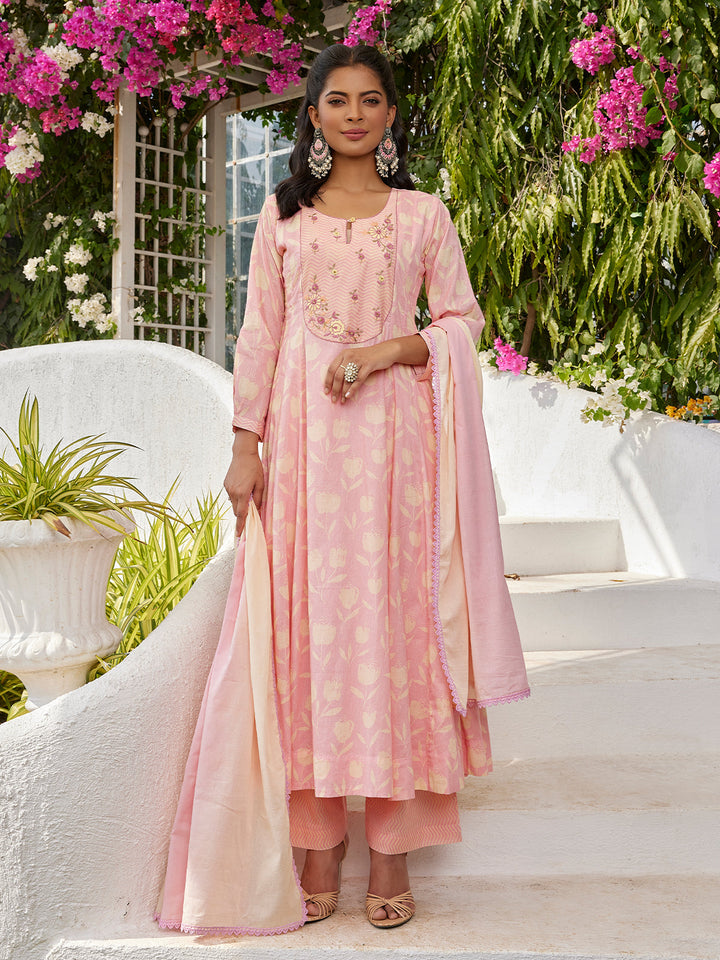 Peach Floral Cotton Anarkali Set with Dupatta