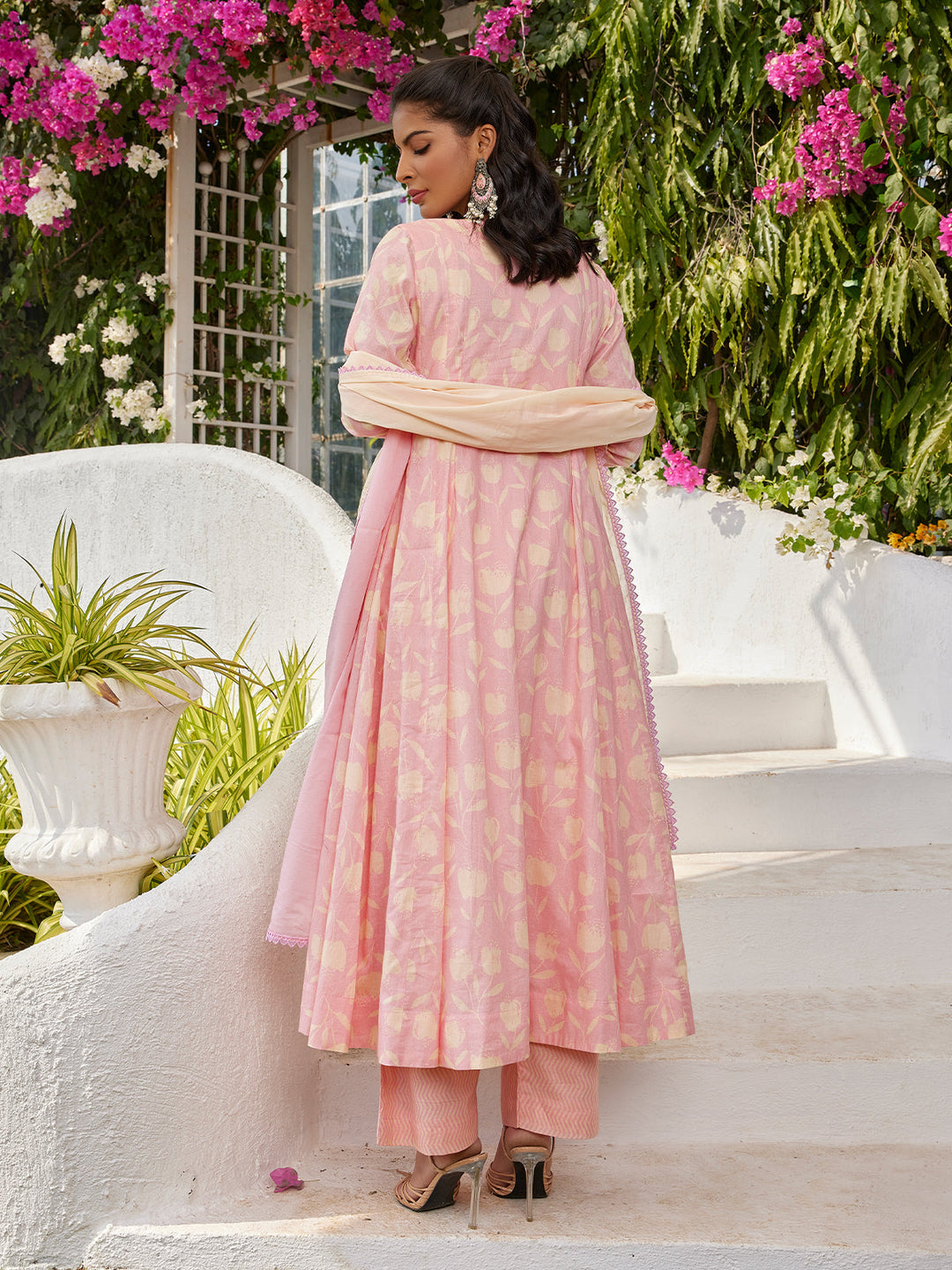 Peach Floral Cotton Anarkali Set with Dupatta