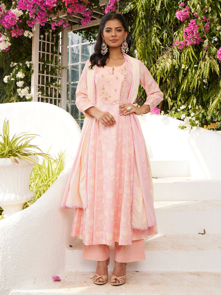 Peach Floral Cotton Anarkali Set with Dupatta