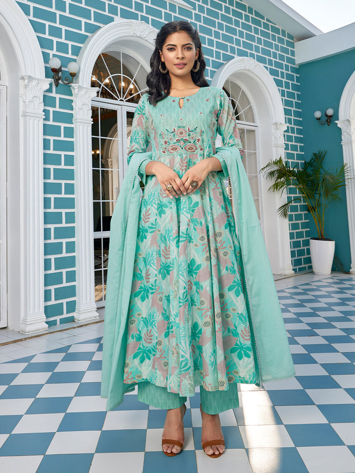 Green Cotton Anarkali Set with Dupatta