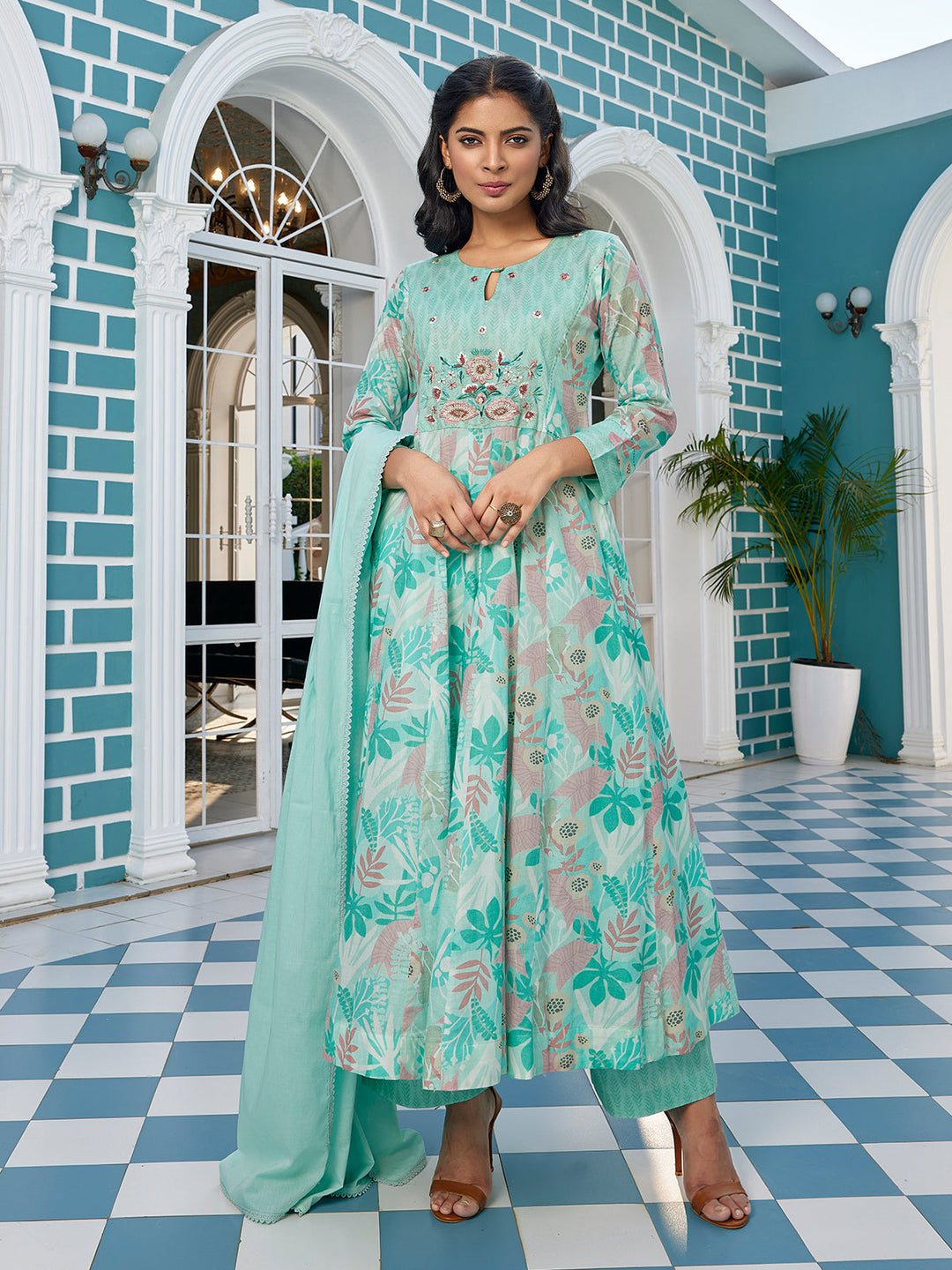 Green Cotton Anarkali Set with Dupatta