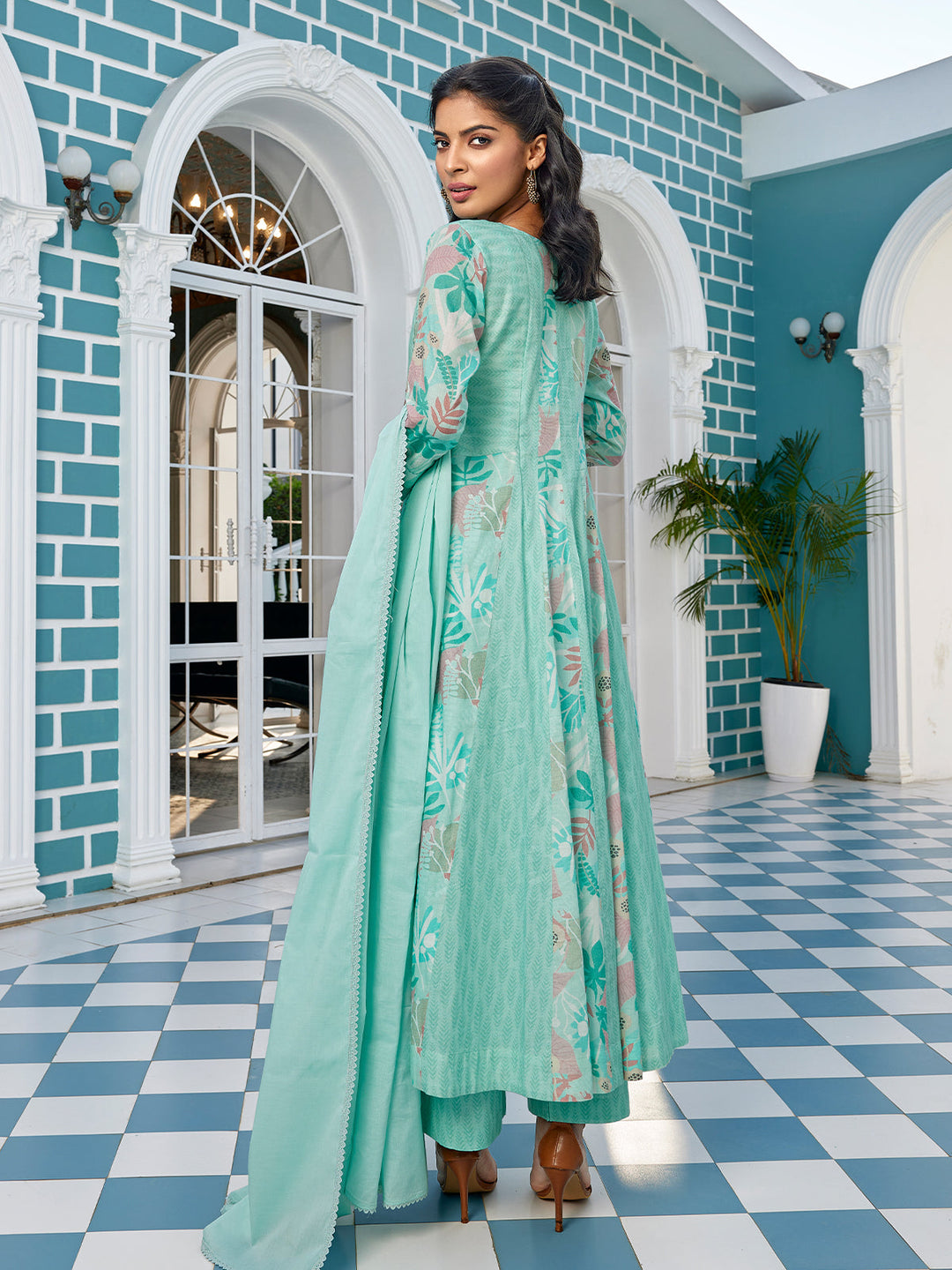 Green Cotton Anarkali Set with Dupatta