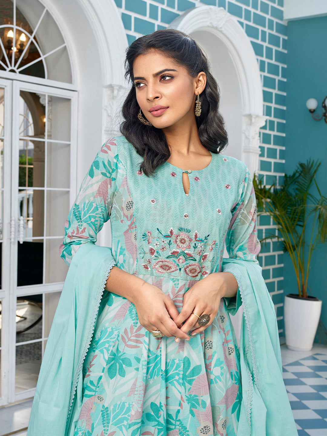 Green Cotton Anarkali Set with Dupatta