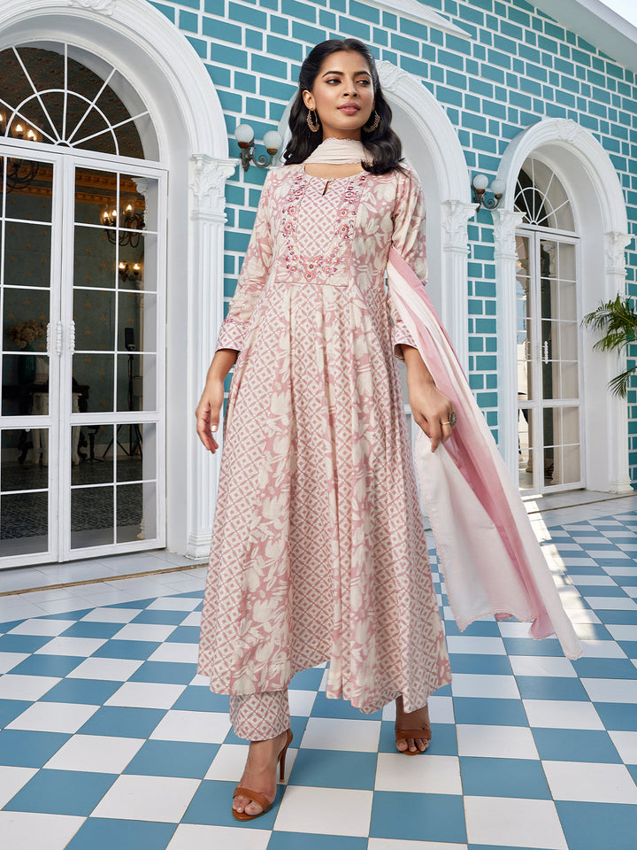 Onion Pink Floral Cotton Anarkali Set with Dupatta