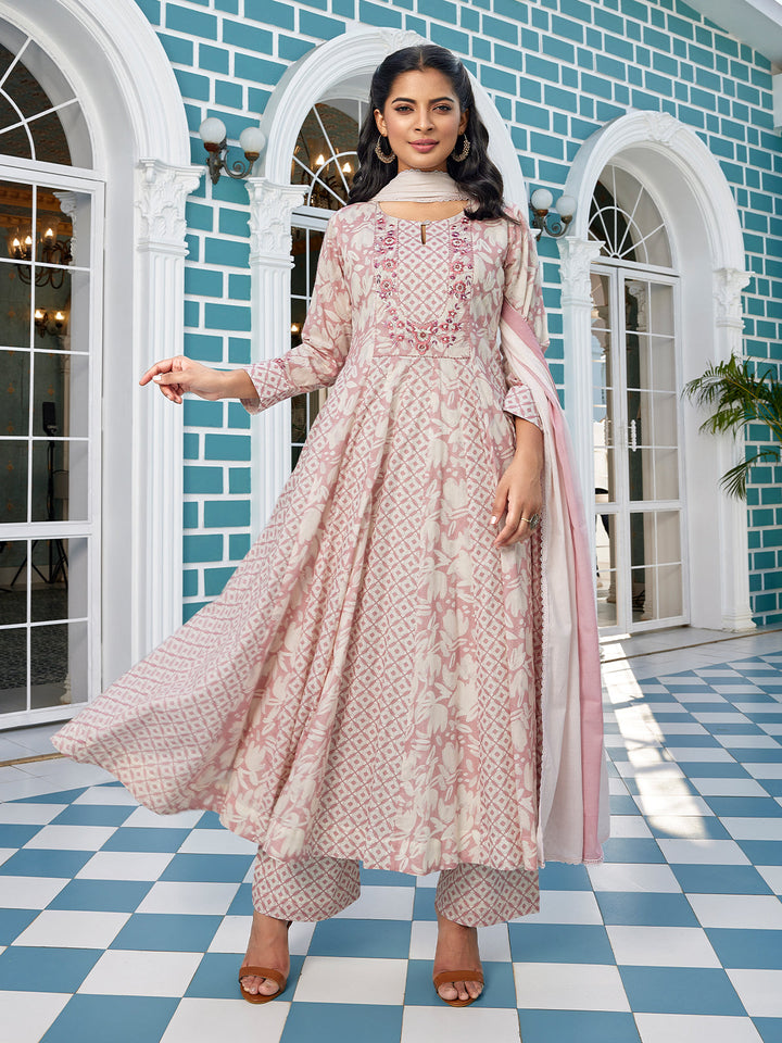 Onion Pink Floral Cotton Anarkali Set with Dupatta