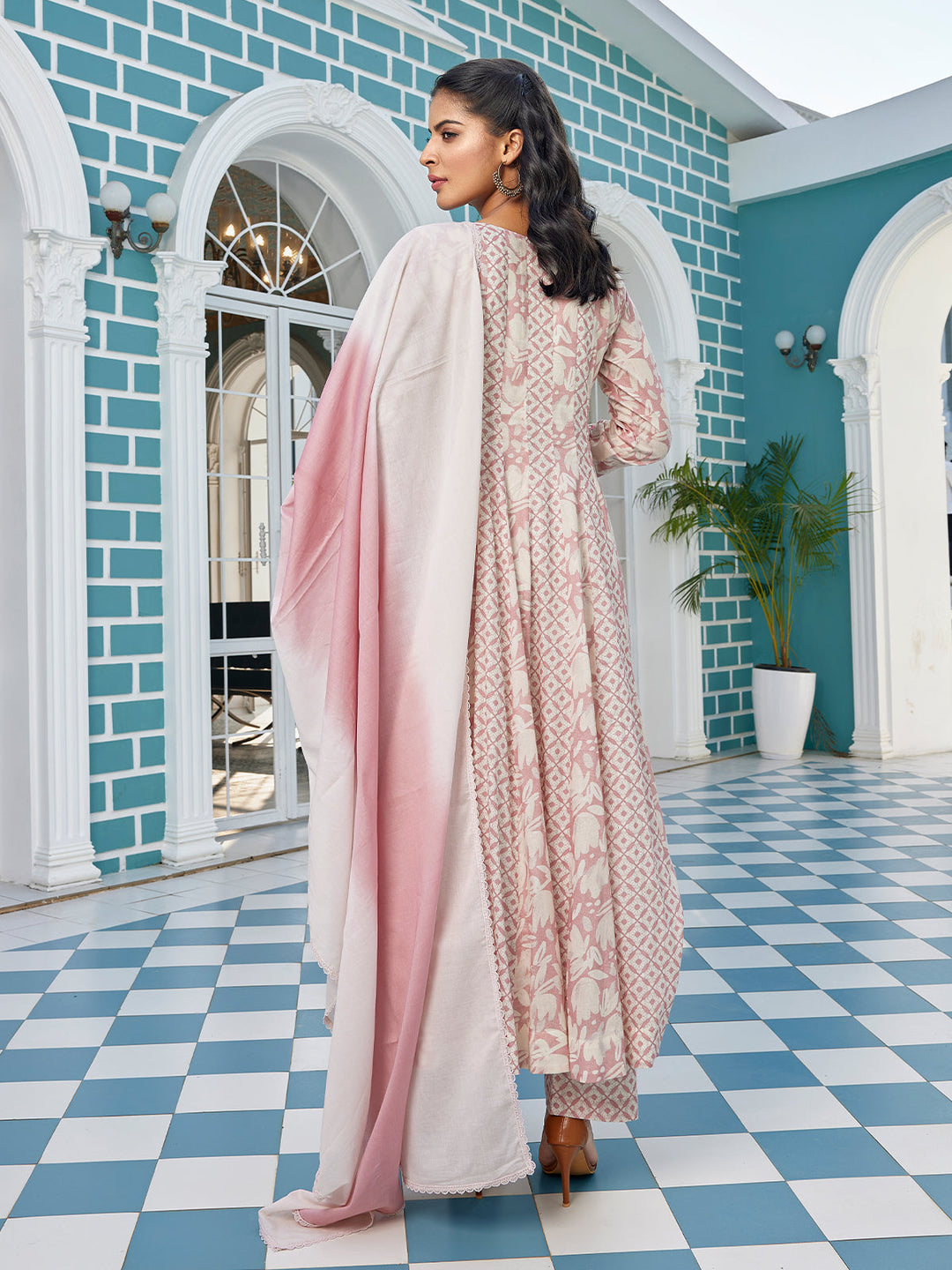 Onion Pink Floral Cotton Anarkali Set with Dupatta