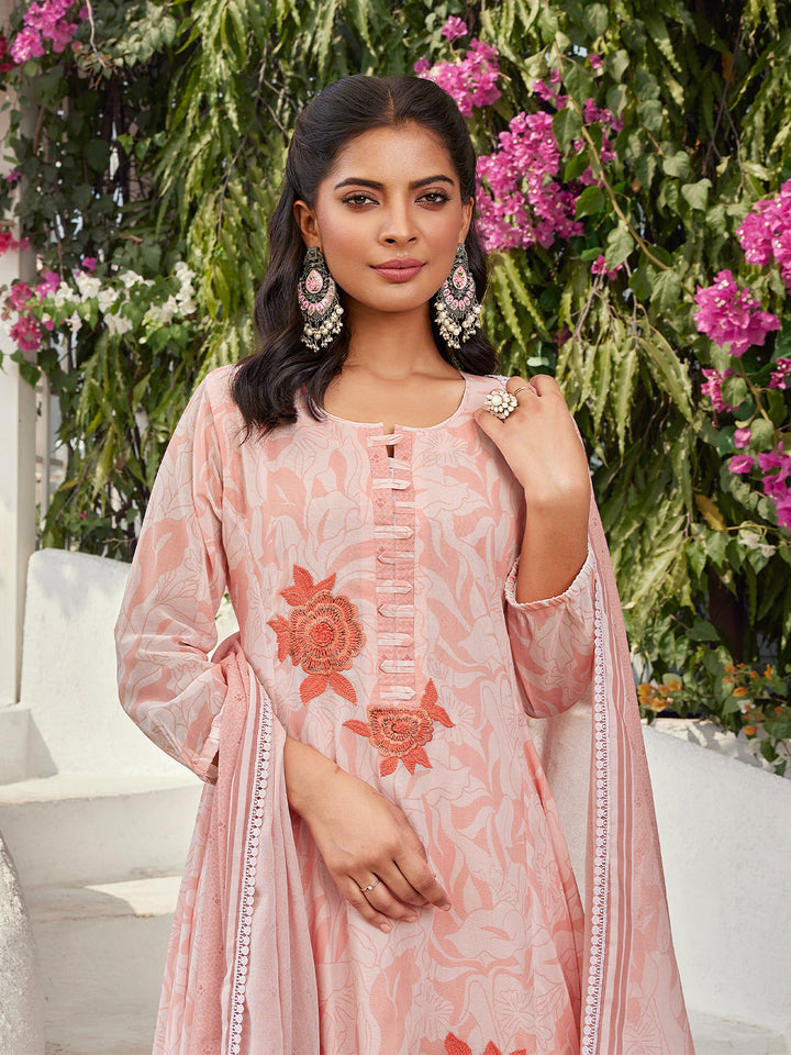 Peach Floral Cotton Anarkali Set with Dupatta