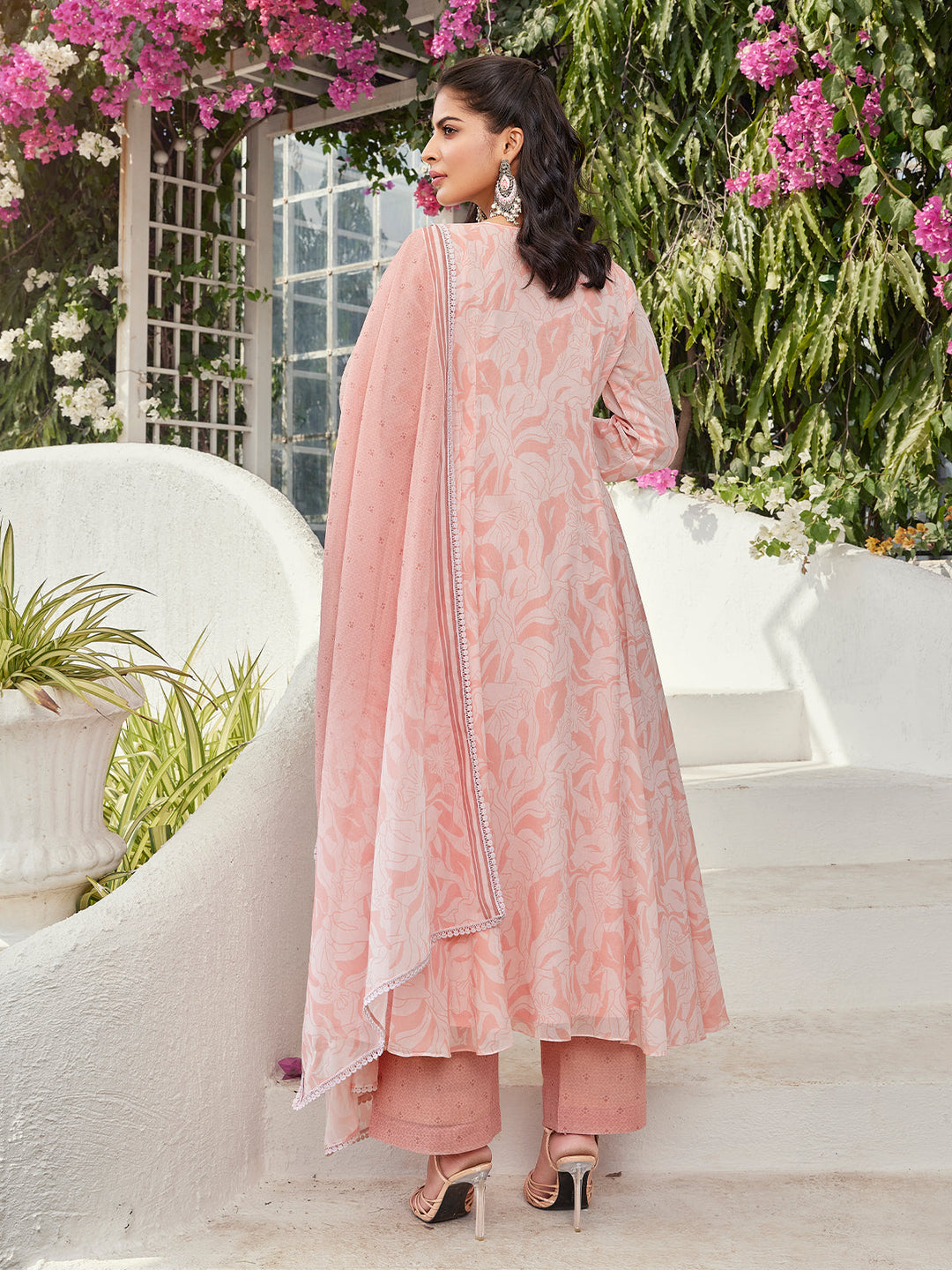 Peach Floral Cotton Anarkali Set with Dupatta