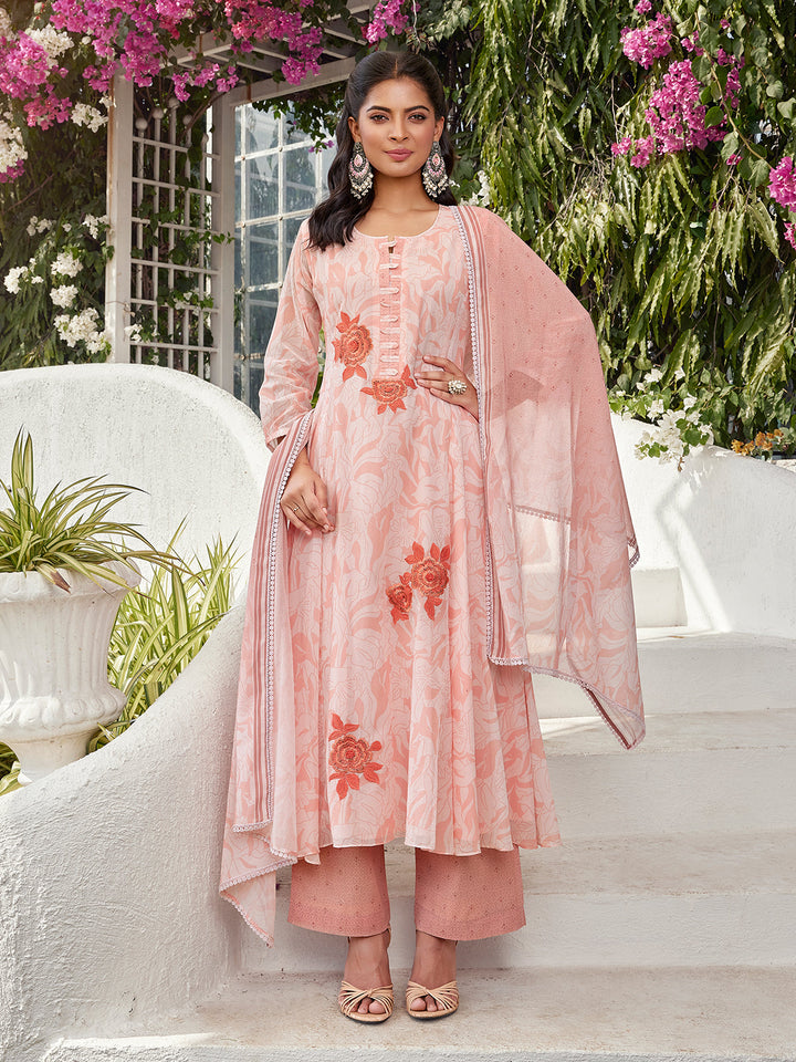 Peach Floral Cotton Anarkali Set with Dupatta