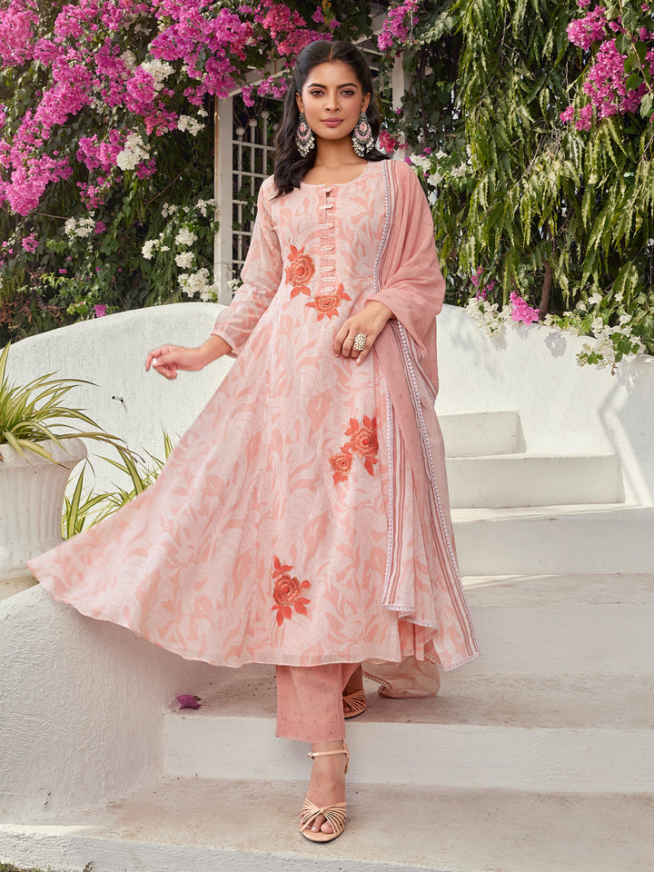 Peach Floral Cotton Anarkali Set with Dupatta