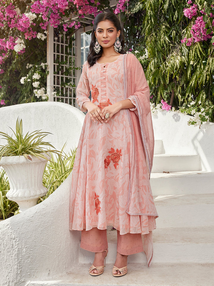 Peach Floral Cotton Anarkali Set with Dupatta