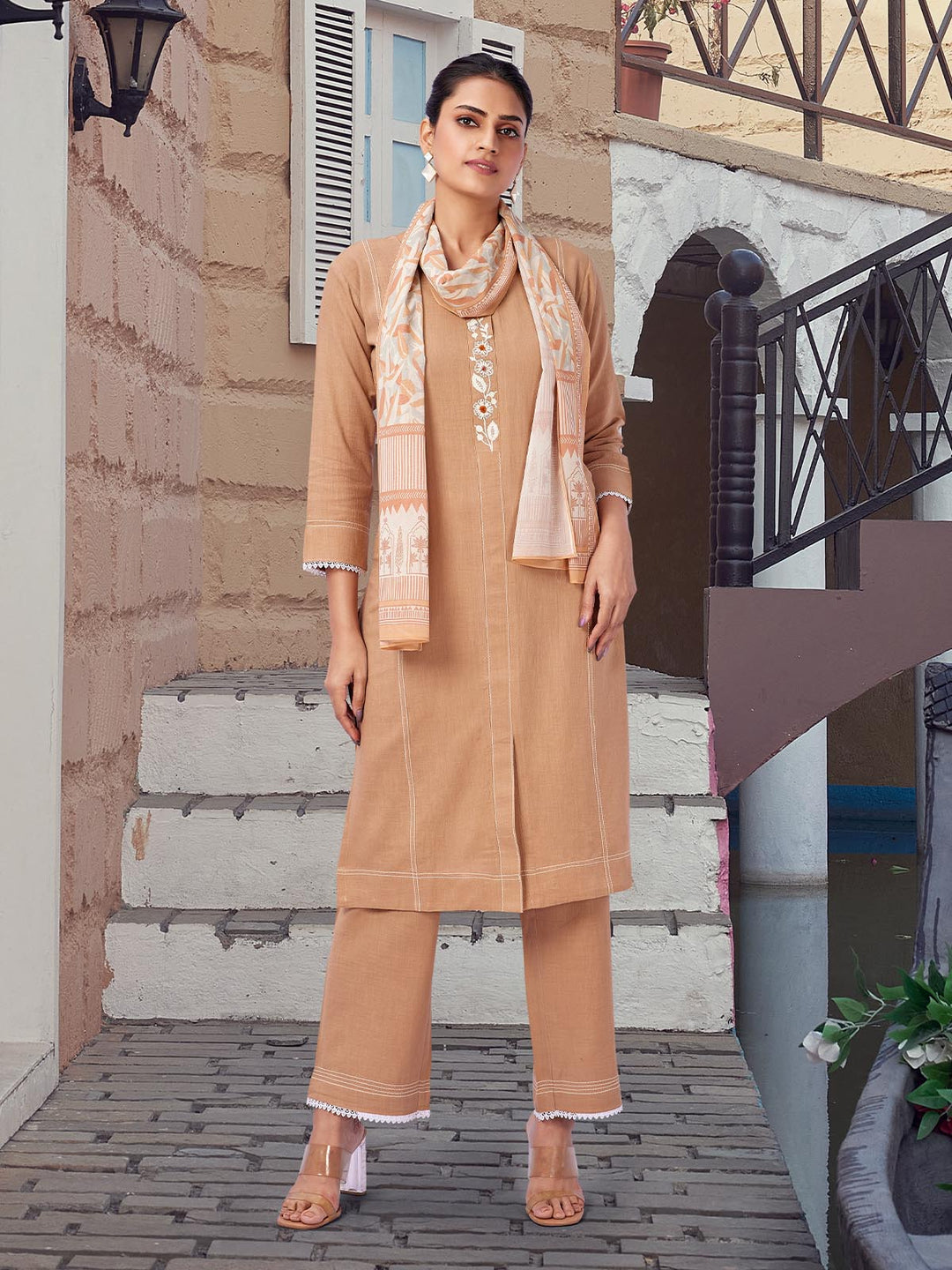 Light Brown Cotton Co-Ord Set with Scarf