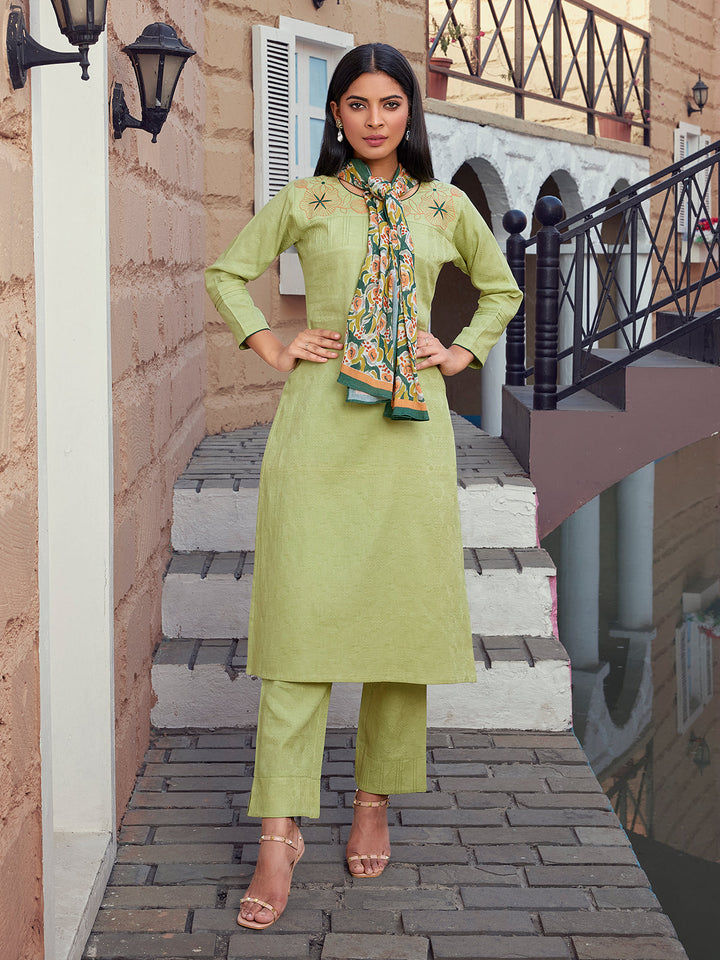 Green Embroidered Co-Ord Set with Scarf