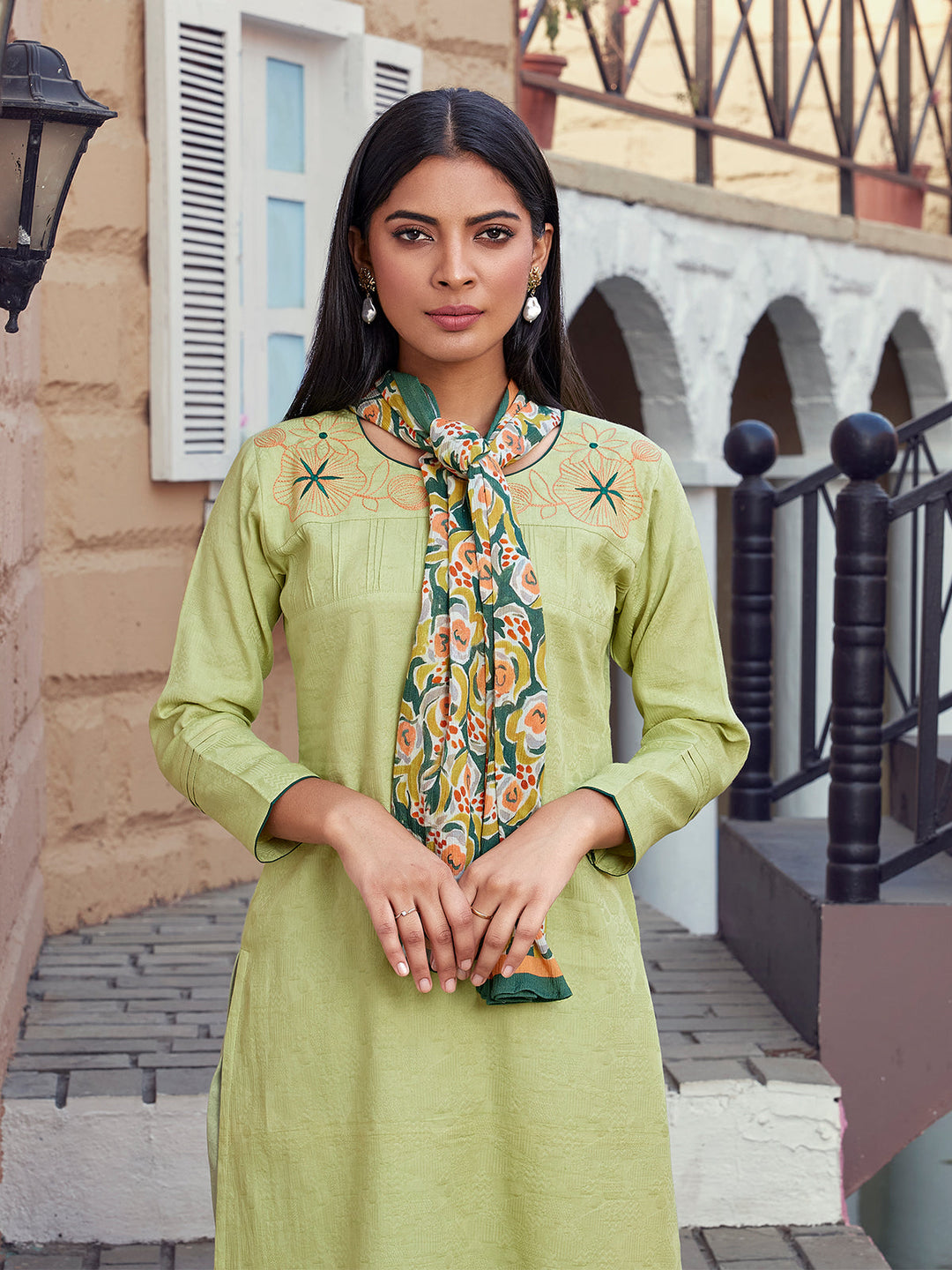 Green Embroidered Co-Ord Set with Scarf