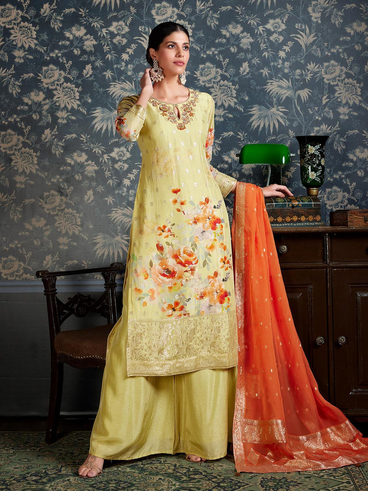 Lemon Yellow Jacquard Organza Suit Set