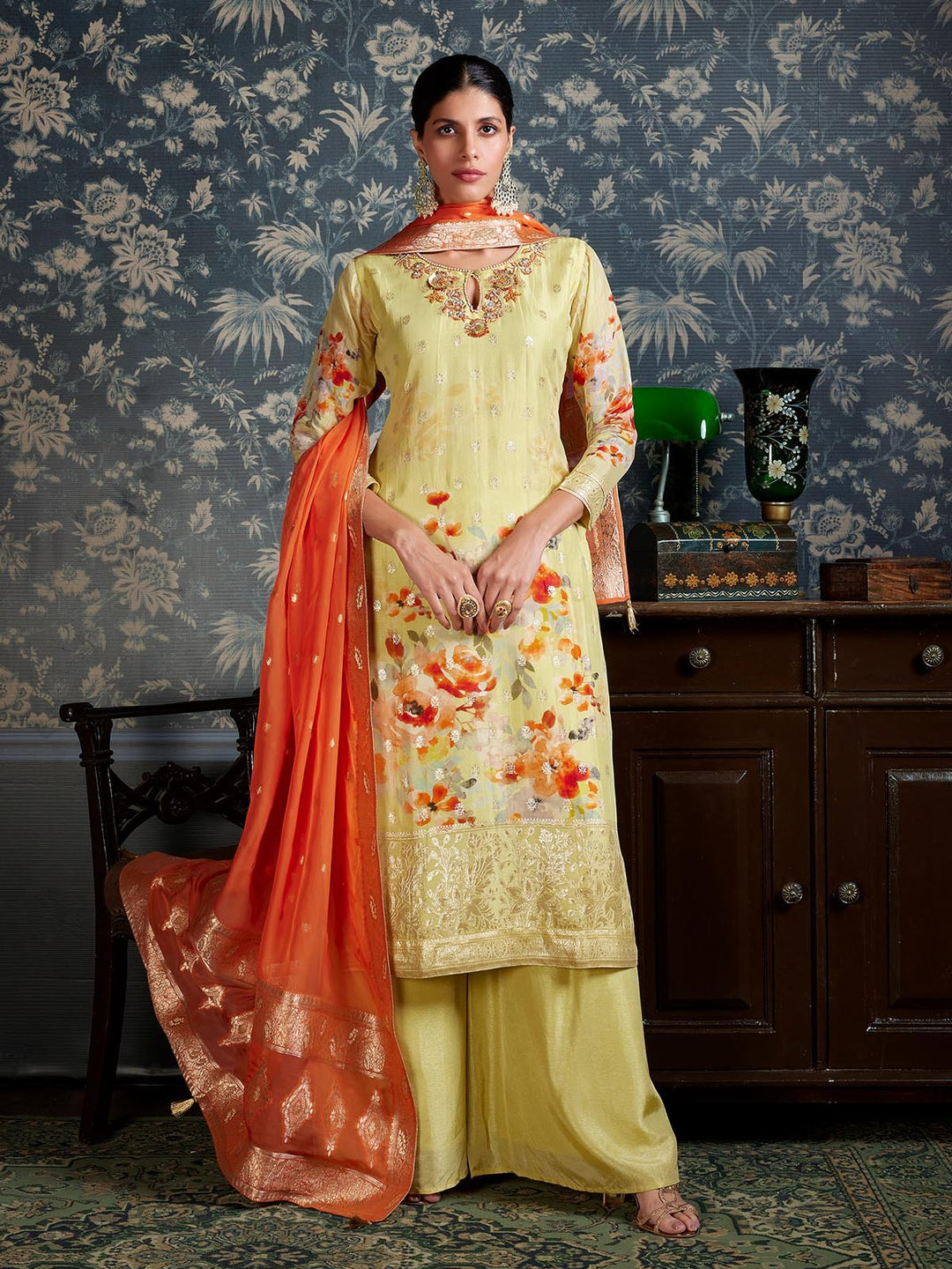 Lemon Yellow Jacquard Organza Suit Set