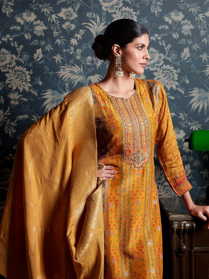 Mustard Yellow Jacquard Silk Suit Set