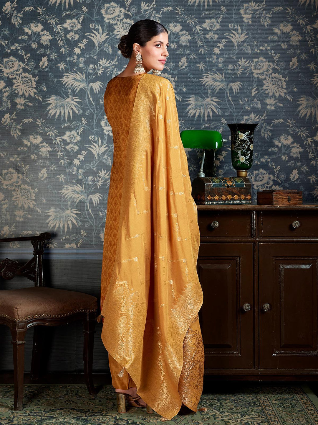 Mustard Yellow Jacquard Silk Suit Set