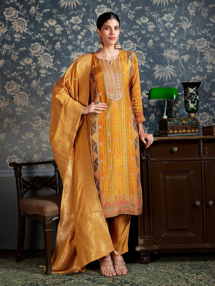 Mustard Yellow Jacquard Silk Suit Set