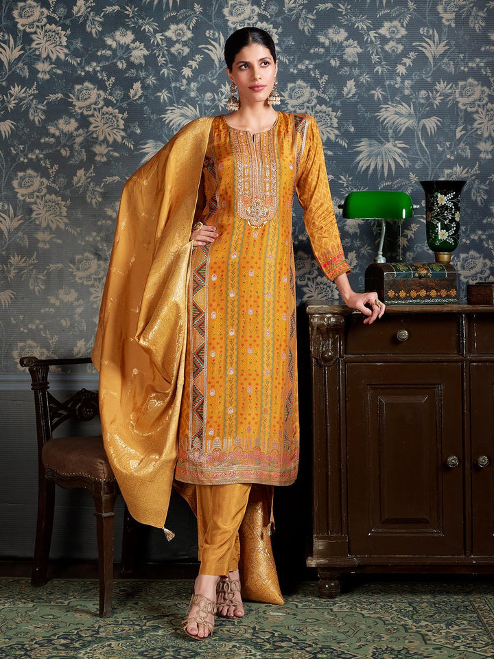 Mustard Yellow Jacquard Silk Suit Set