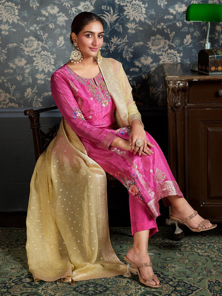 Pink Jacquard Organza Suit Set