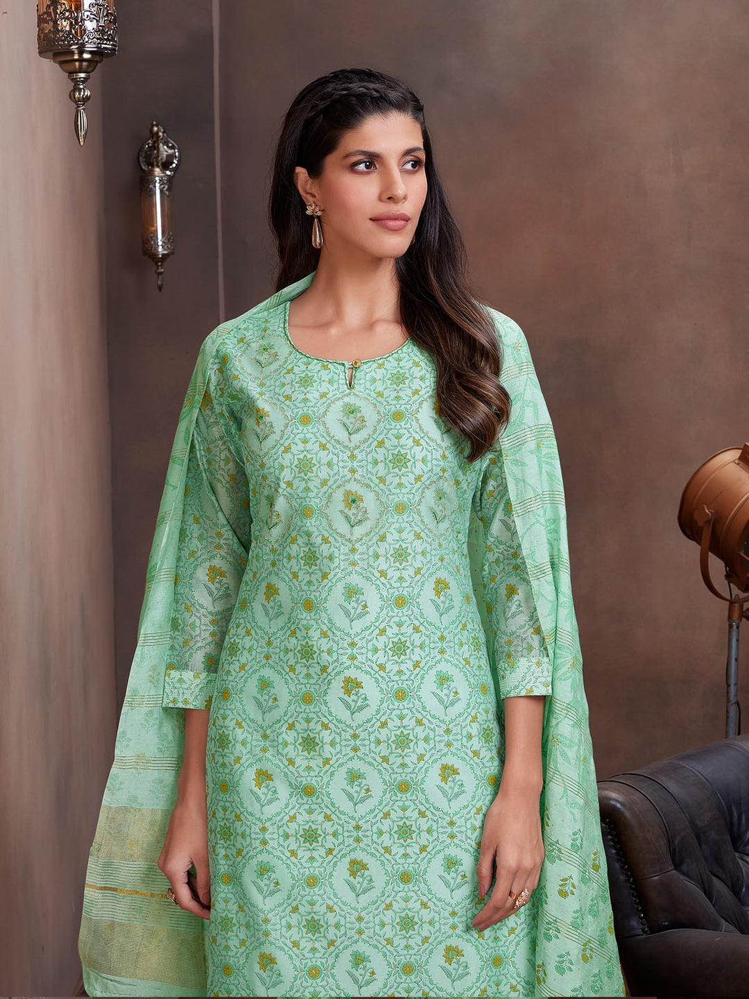 Green Chanderi Foil Print Suit Set