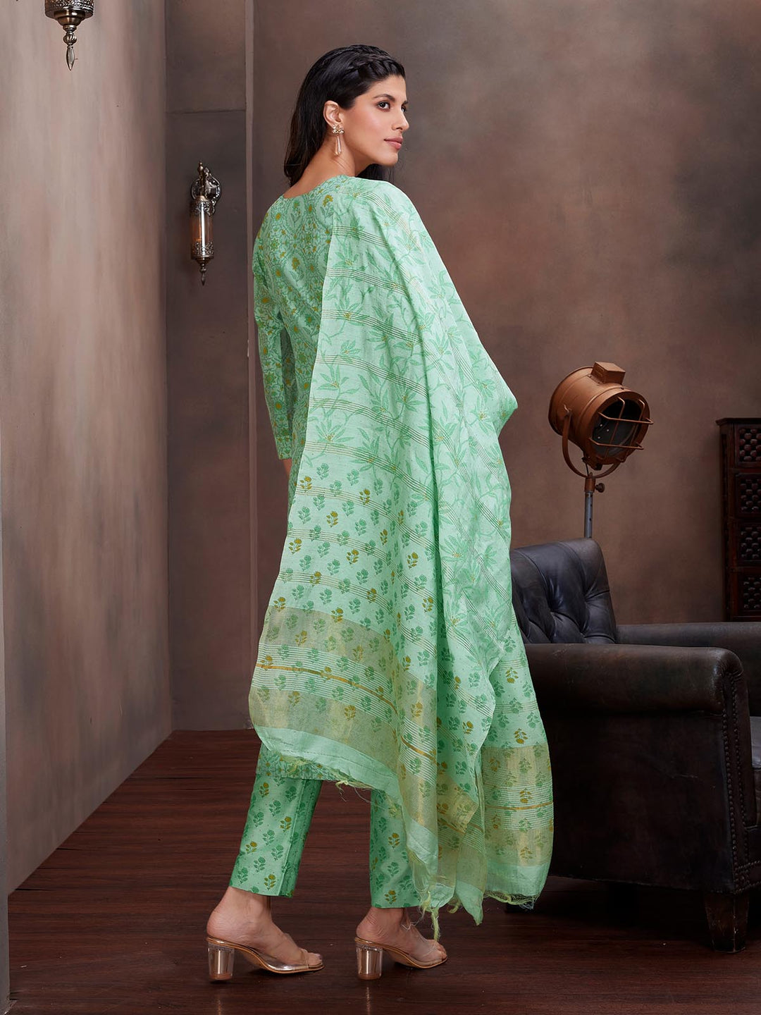 Green Chanderi Foil Print Suit Set