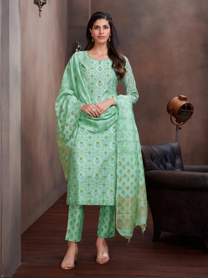 Green Chanderi Foil Print Suit Set