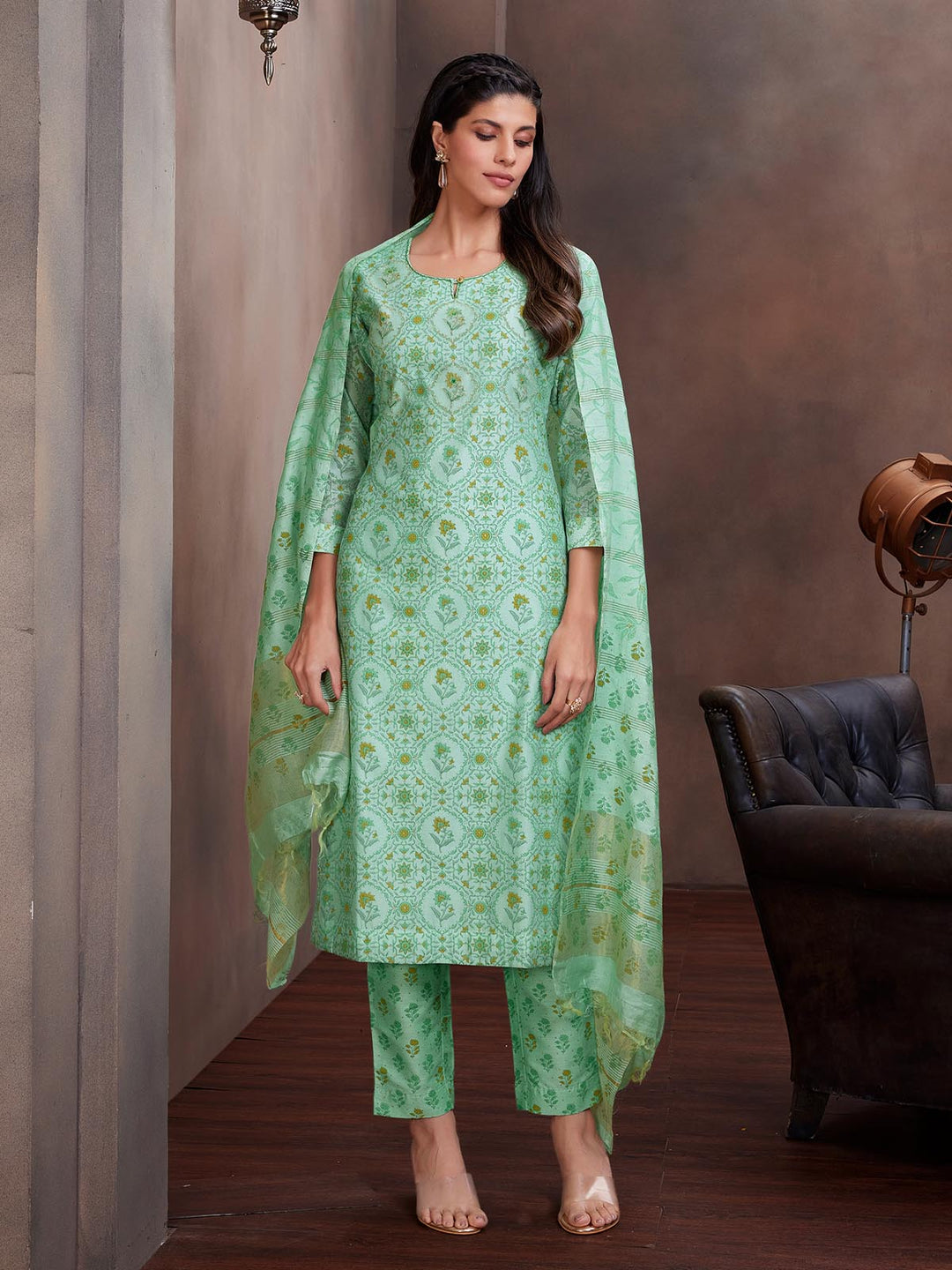 Green Chanderi Foil Print Suit Set