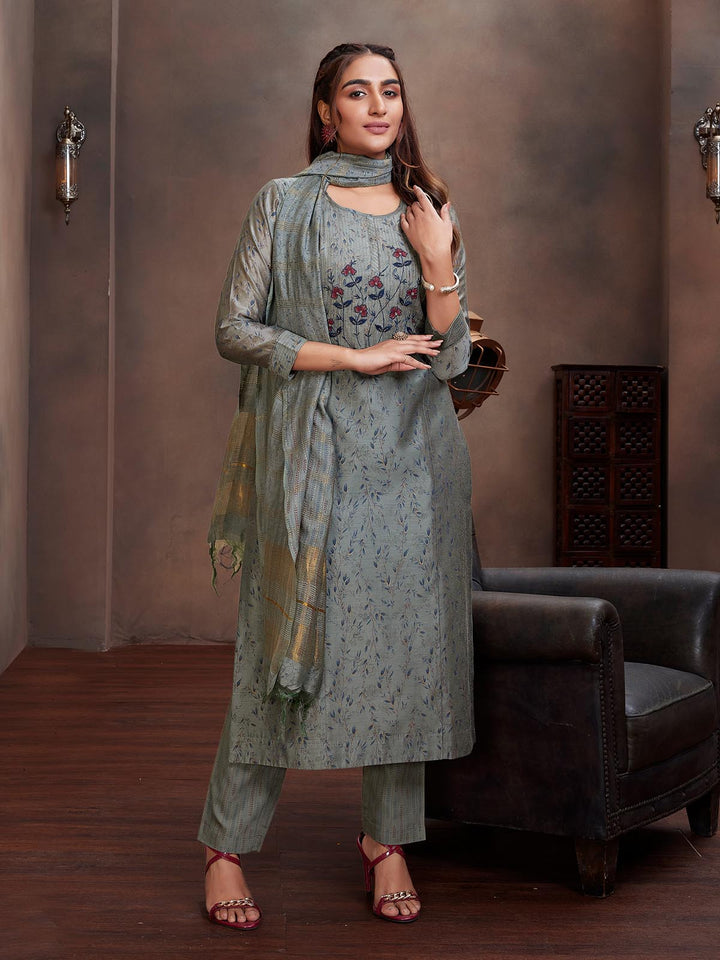 Charcoal Grey Chanderi Foil Print Suit Set