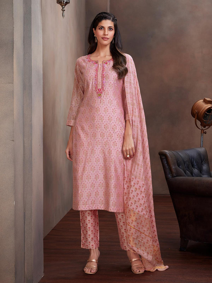 Light Pink Chanderi Foil Print Suit Set