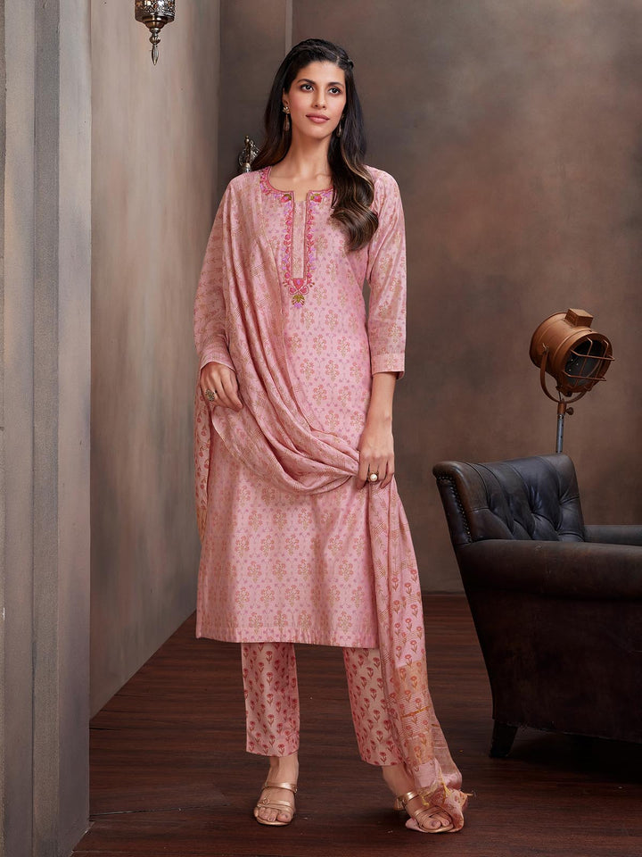 Light Pink Chanderi Foil Print Suit Set