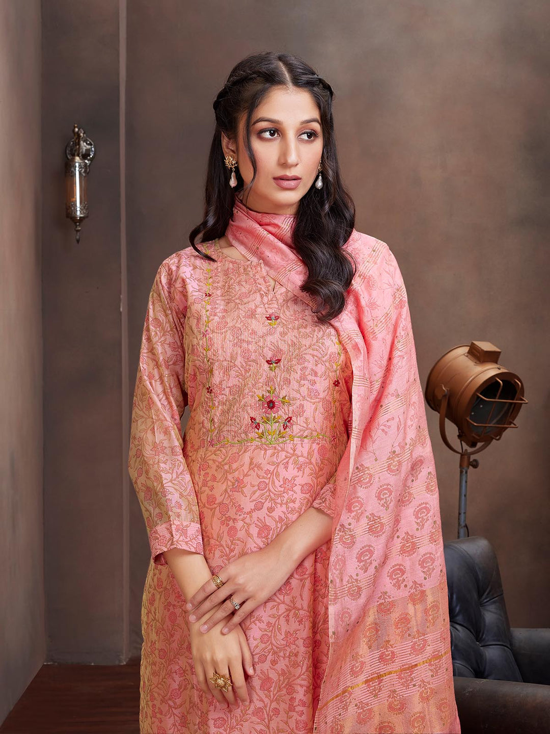 Pink Chanderi Foil Print Suit Set