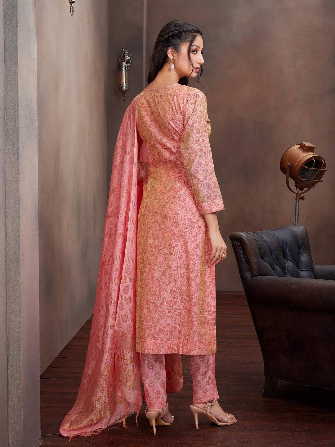 Pink Chanderi Foil Print Suit Set