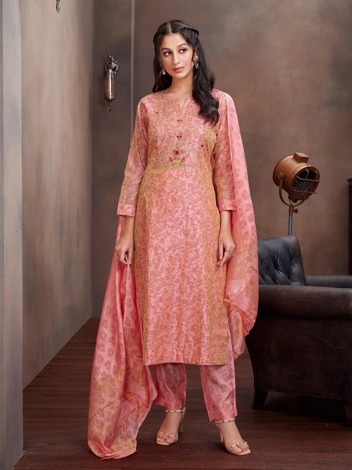 Pink Chanderi Foil Print Suit Set